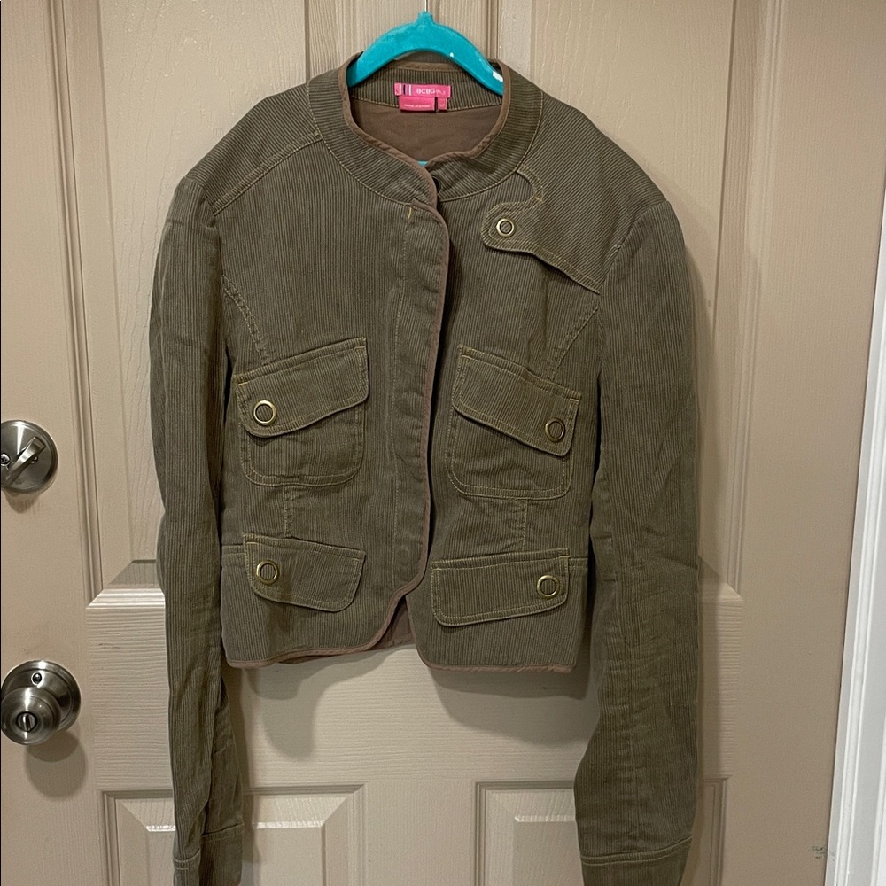 BCBGirls Jean Corduroy Olive Utility Jacket Snap Zip SZ 10. R2